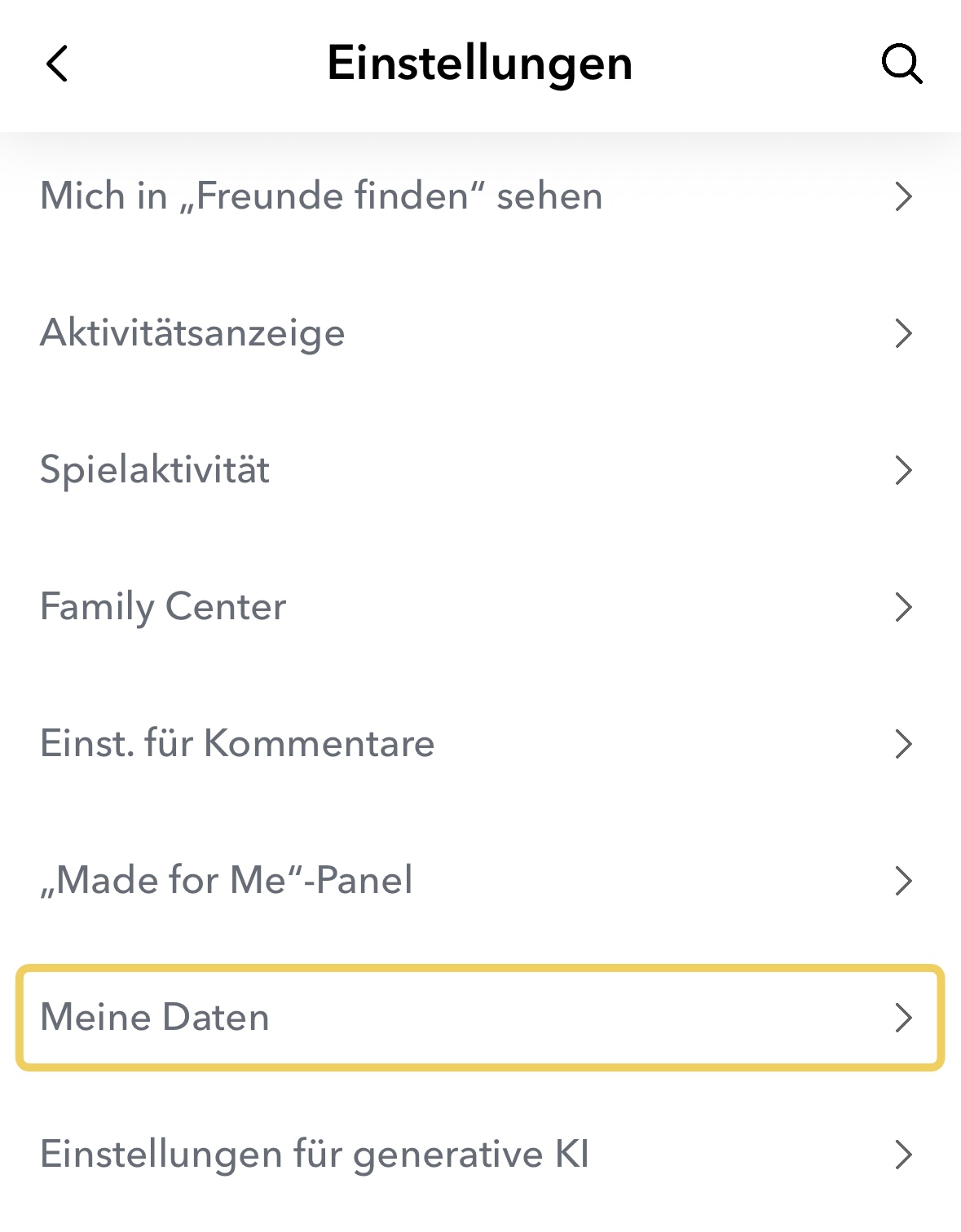 Der Einstellungen-Bildschirm von Snapchat mit hervorgehobener Zeile Meine Daten.