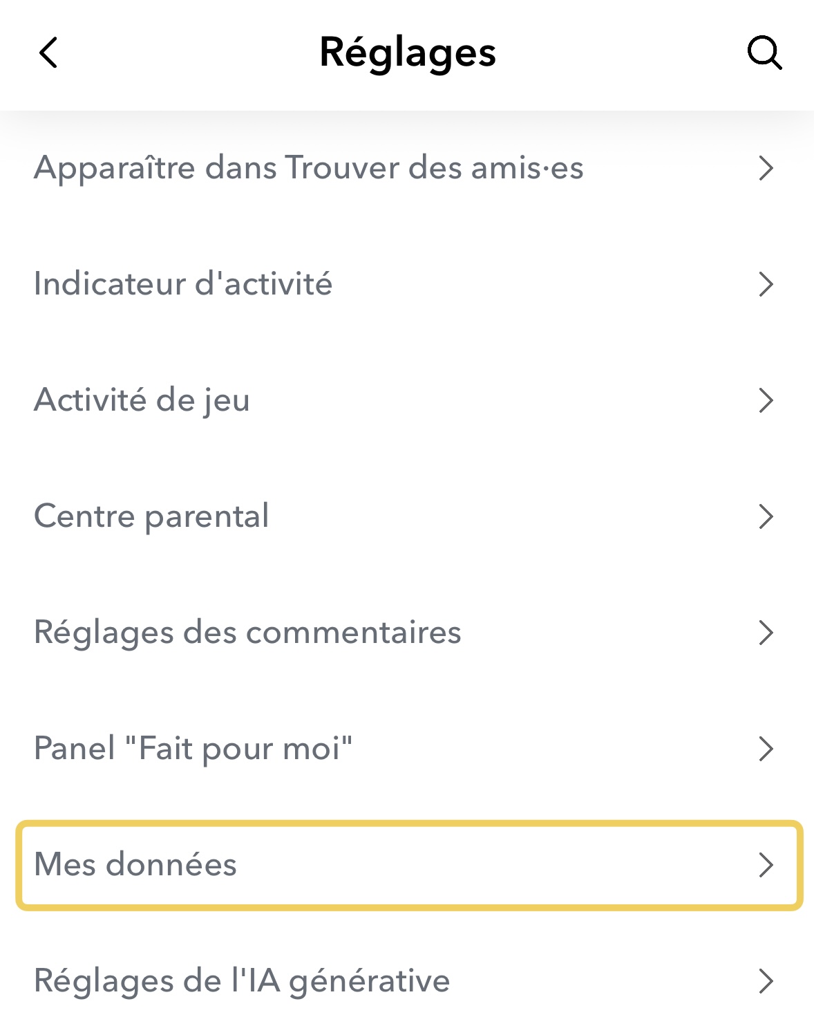 L'écran Réglages de Snapchat avec la ligne Mes données mise en évidence.