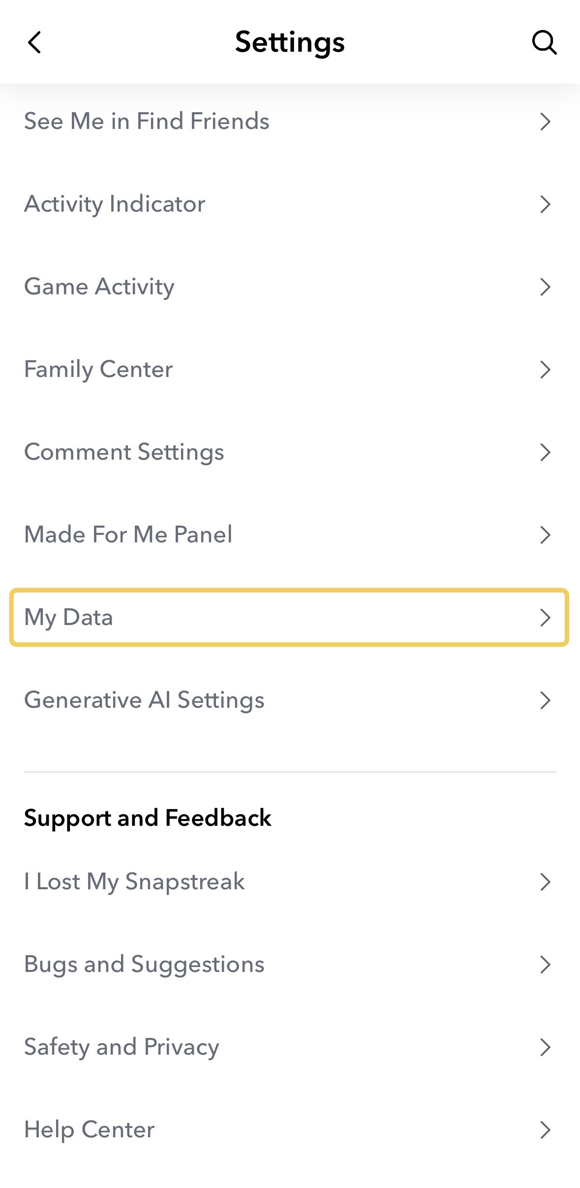 Snapchat's Settings screen with the My Data row highlighted.