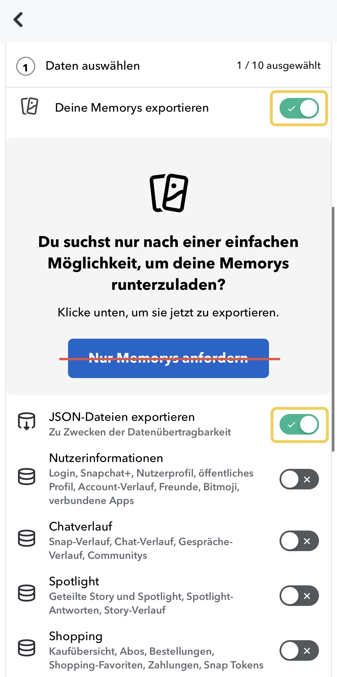 Das Meine-Daten-Anfrageformular von Snapchat mit aktiviertem Deine Memorys exportieren und JSON-Dateien exportieren, und durchgestrichener Abkürzung Nur Memorys anfordern.