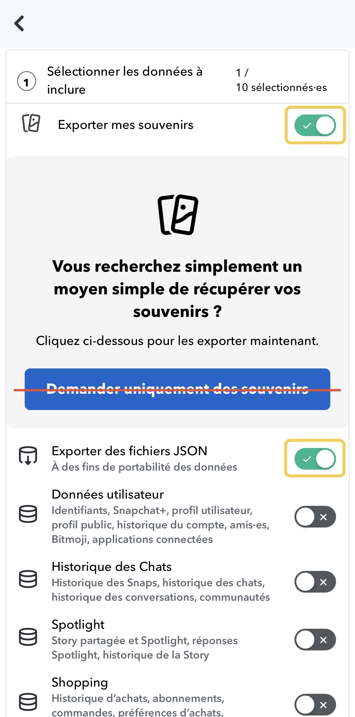Le formulaire de demande Mes données de Snapchat avec Exporter mes souvenirs et Exporter des fichiers JSON tous deux activés, et le raccourci Demander uniquement des souvenirs barré.