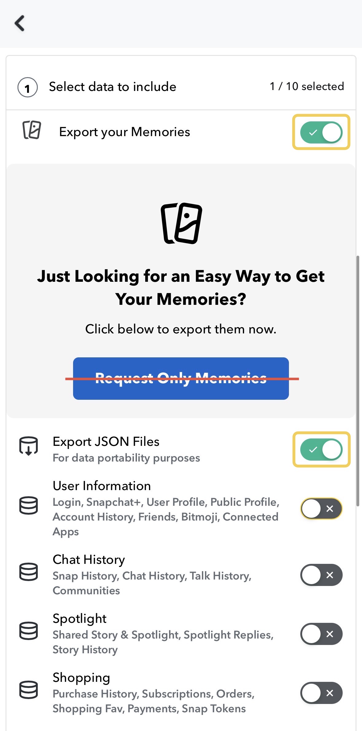 Snapchat's My Data request form with Export your Memories and Export JSON Files both switched on, and the Request Only Memories shortcut crossed out.