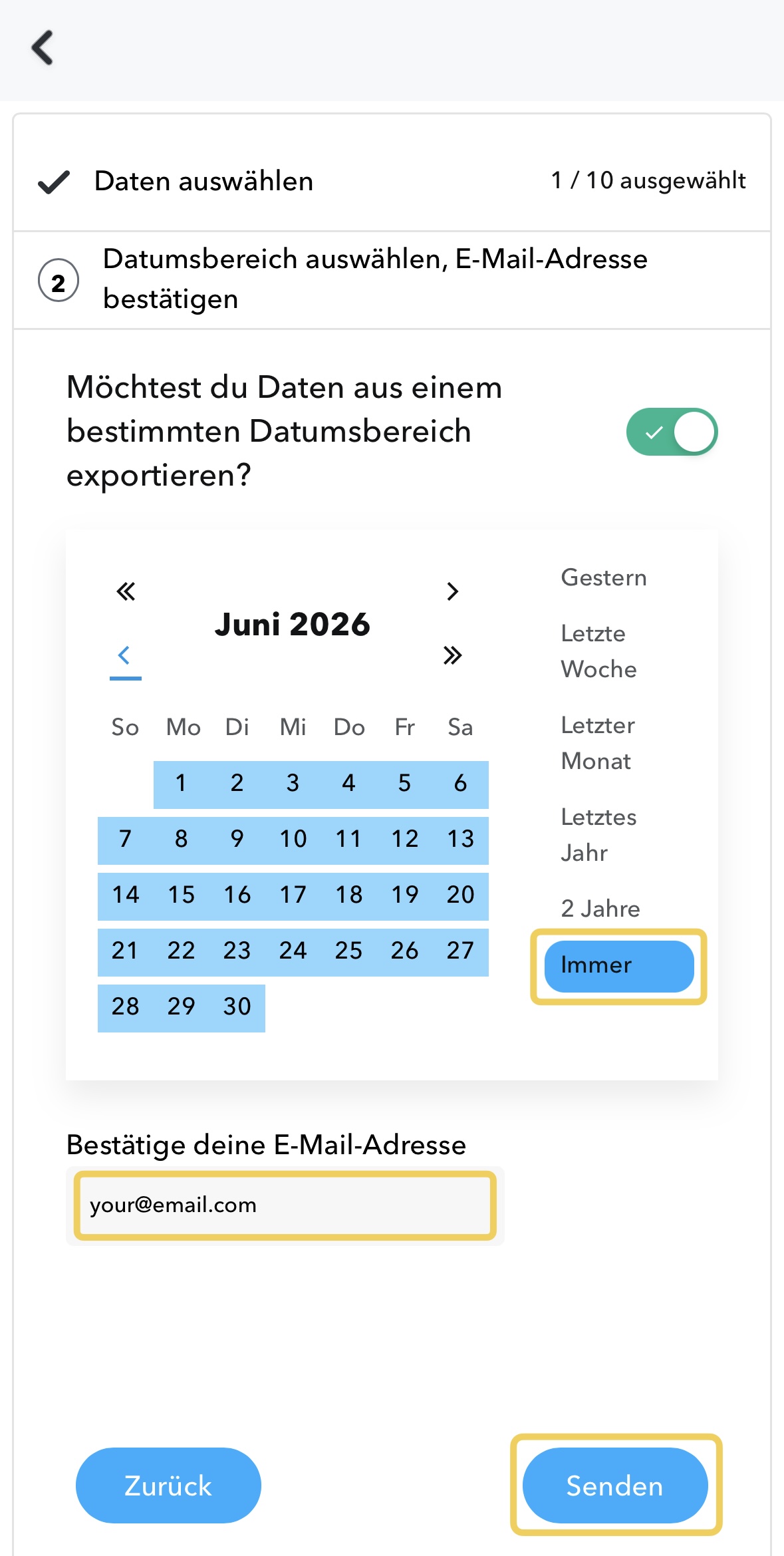 Der Export-Schritt von Snapchat mit dem Zeitraum auf Immer gestellt, bestätigter E-Mail-Adresse und hervorgehobenem Senden-Button.