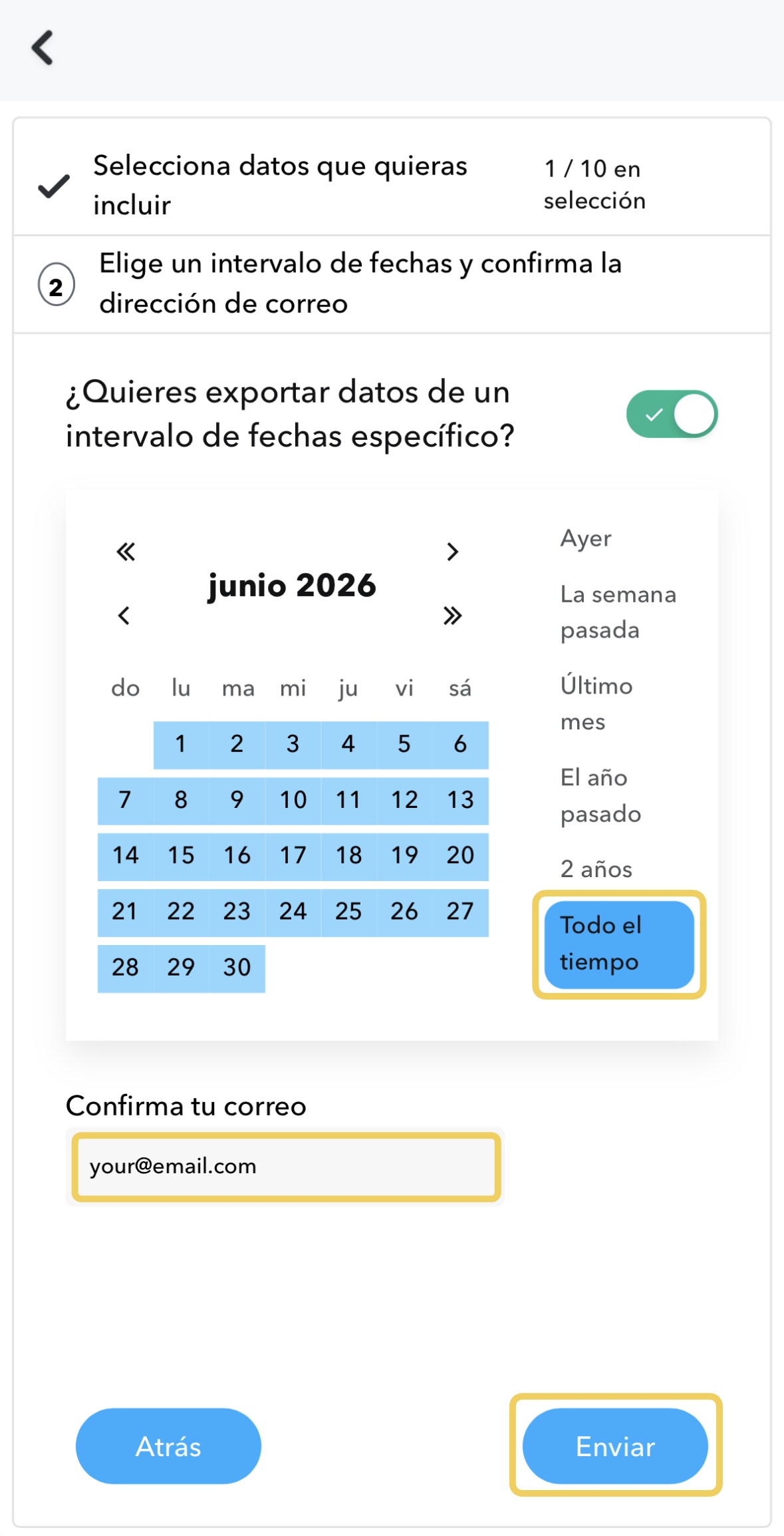 El paso de exportación de Snapchat con el periodo puesto en Todo el tiempo, la dirección de correo confirmada y el botón Enviar resaltado.