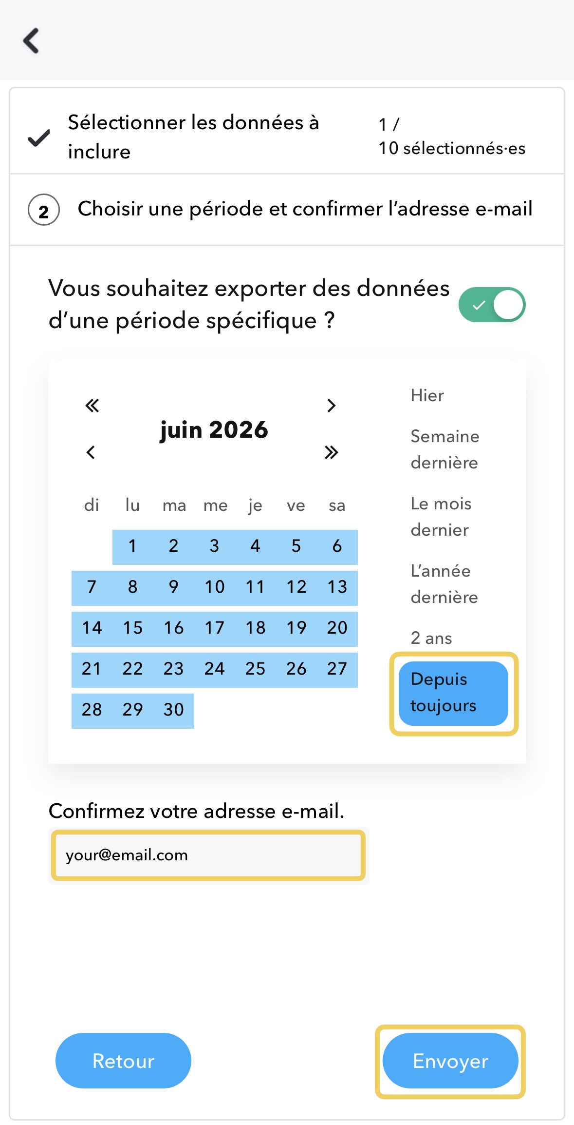 L'étape d'export de Snapchat avec la période réglée sur Depuis toujours, l'adresse e-mail confirmée et le bouton Envoyer mis en évidence.