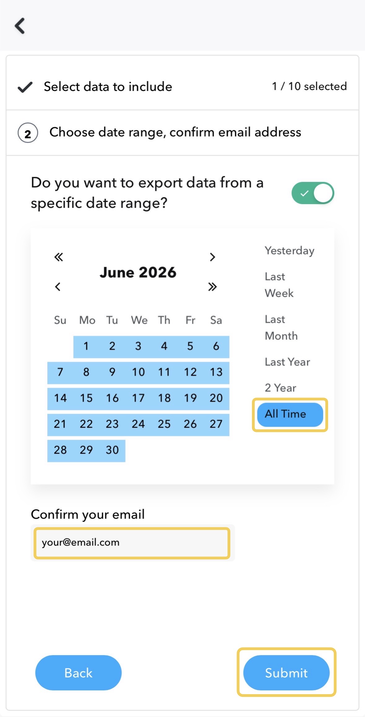 Snapchat's export step with the range set to All Time, the email address confirmed, and the Submit button highlighted.