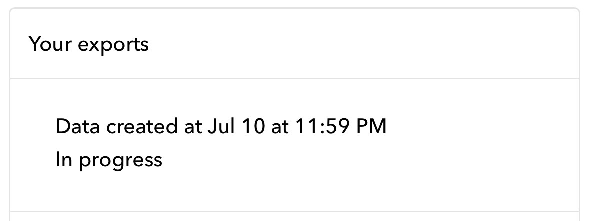 Snapchat's Your exports panel showing an export marked In progress.