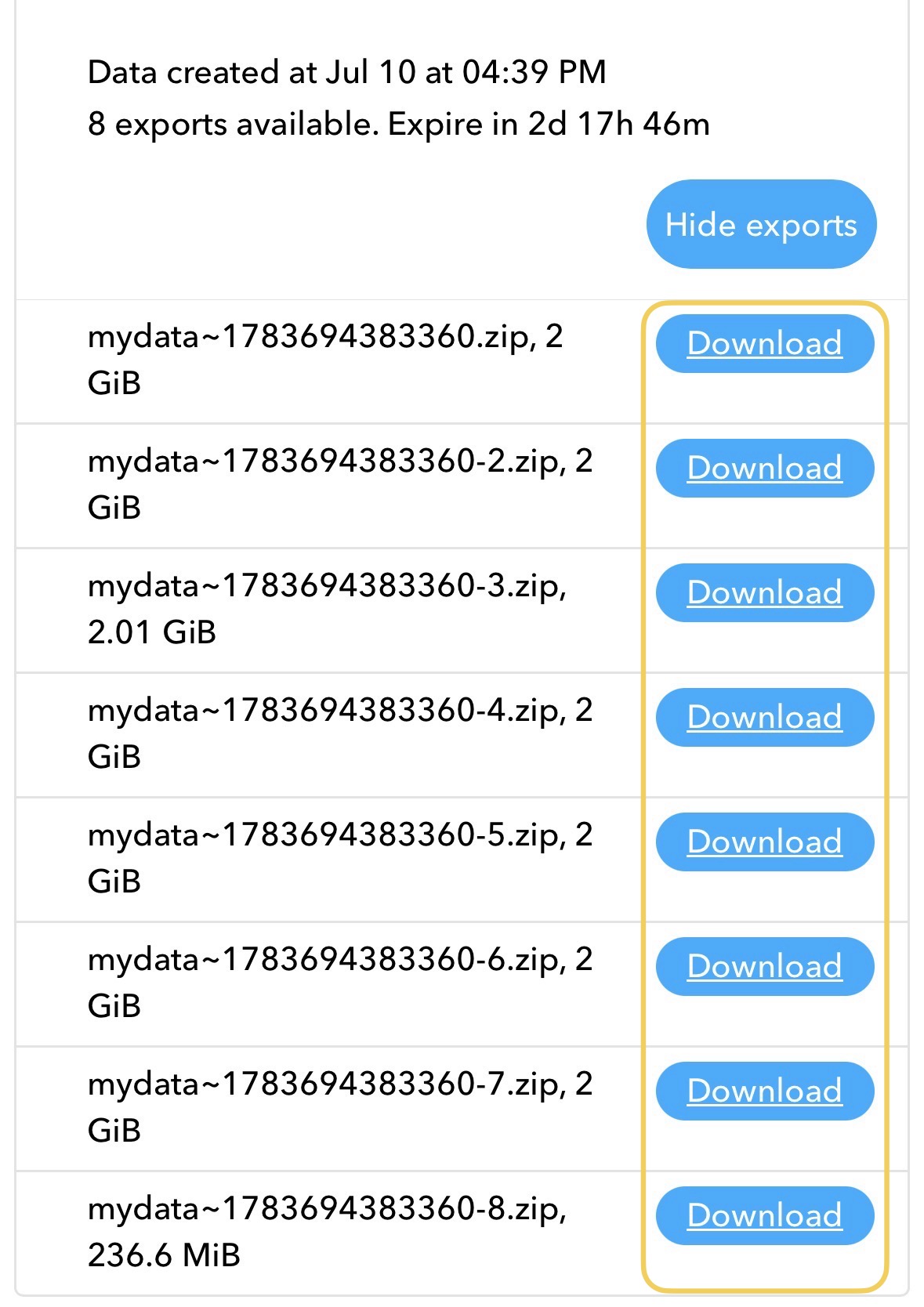 Snapchat's ready export listing eight mydata zip parts, each with a Download button highlighted.